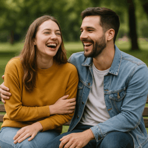 Wie kann ich meine Frau zum Lachen bringen? 20 019 Paar im Park lachend e1757080185591